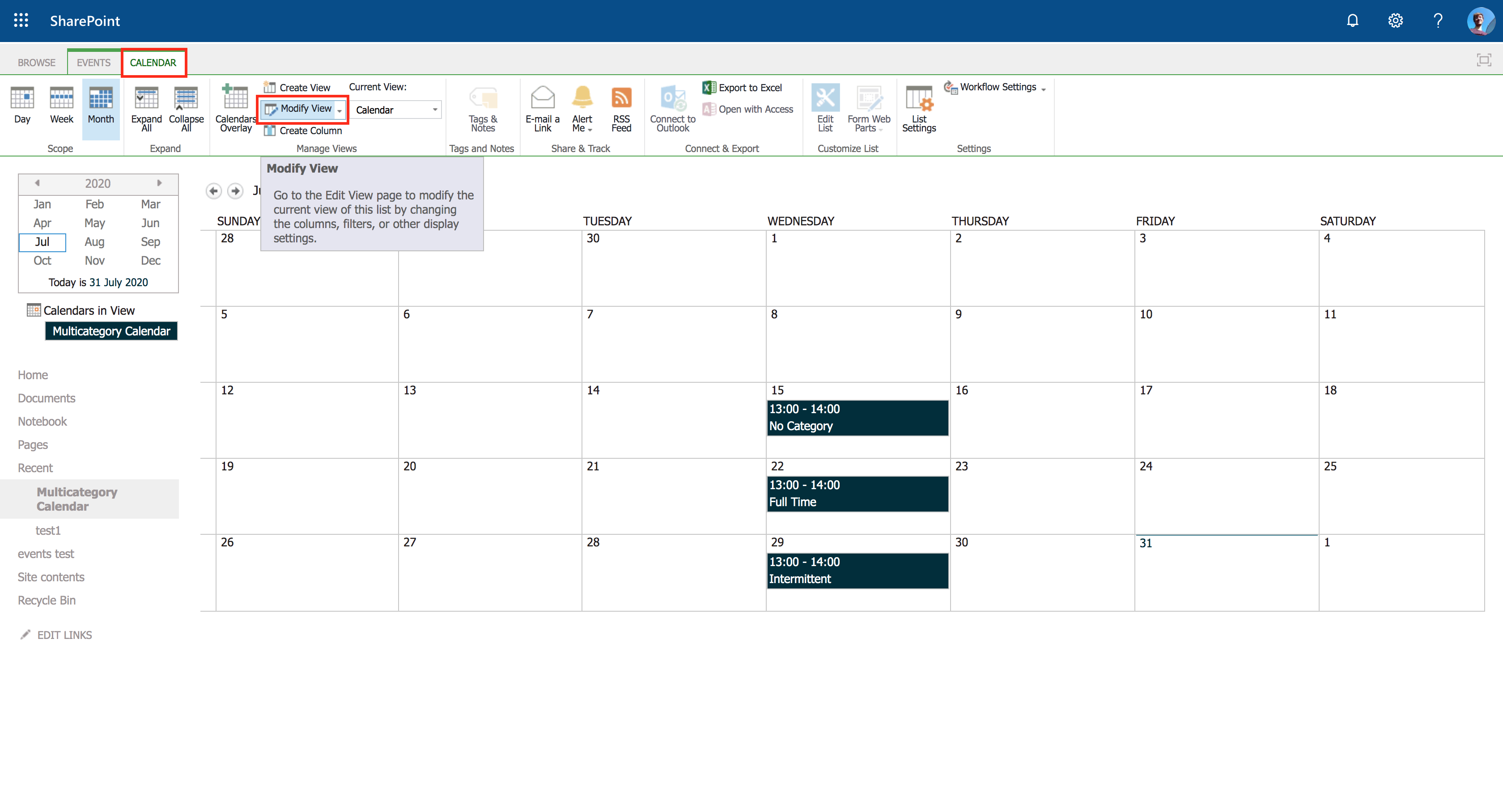 SharePoint: Multicoloured events in Calendar