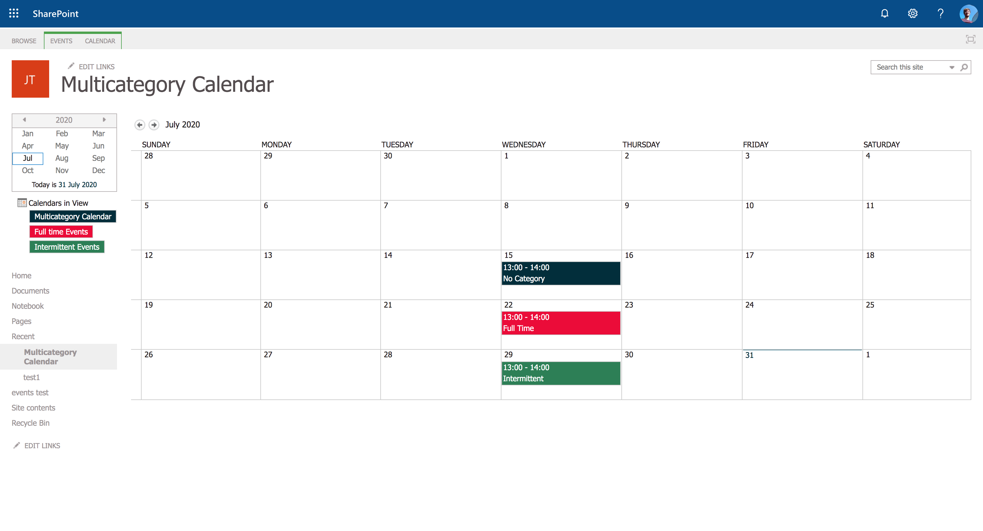 SharePoint: Multicoloured events in Calendar