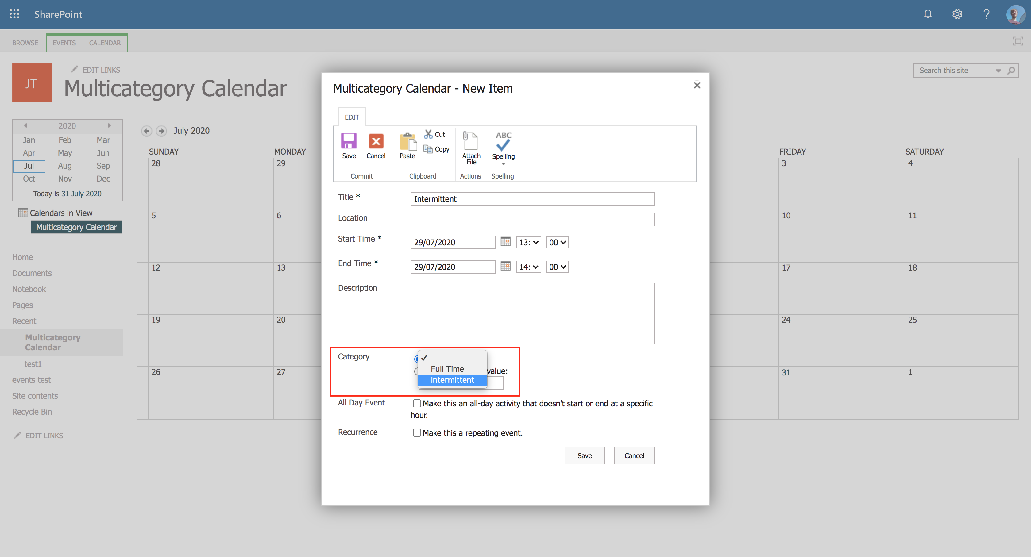 SharePoint: Multicoloured events in Calendar