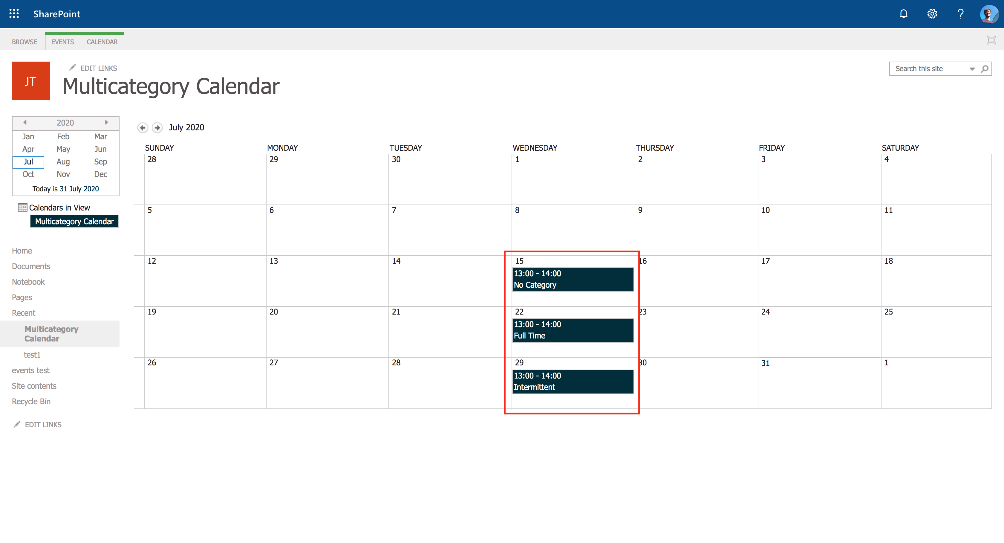 SharePoint Multicoloured events in Calendar