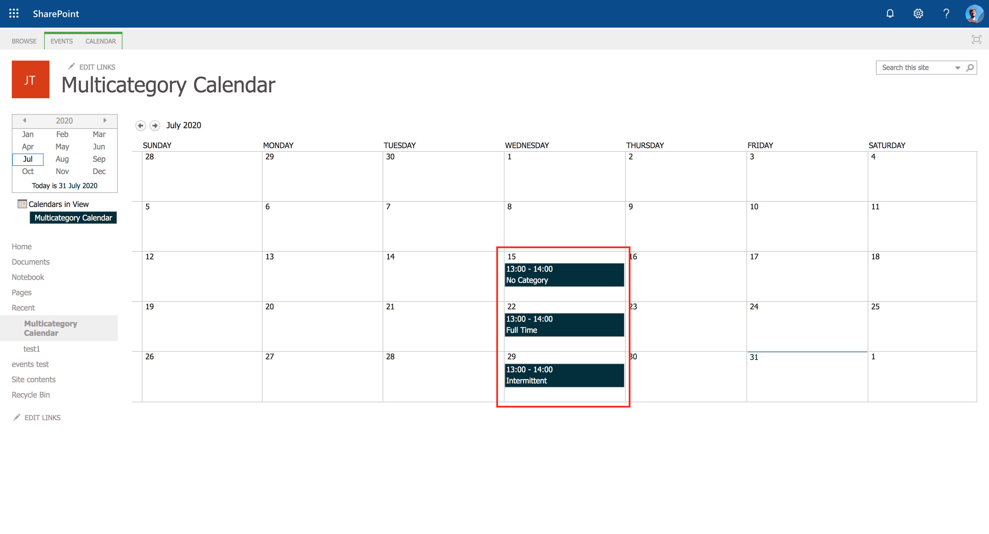 SharePoint: Multicoloured events in Calendar